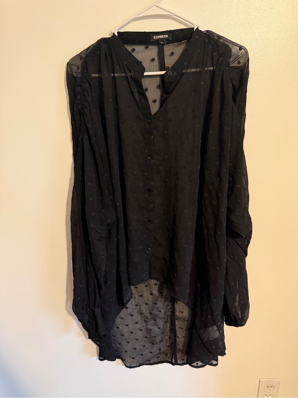 Express Black Swiss Dot Sheer Button-Front High Low Hem Top